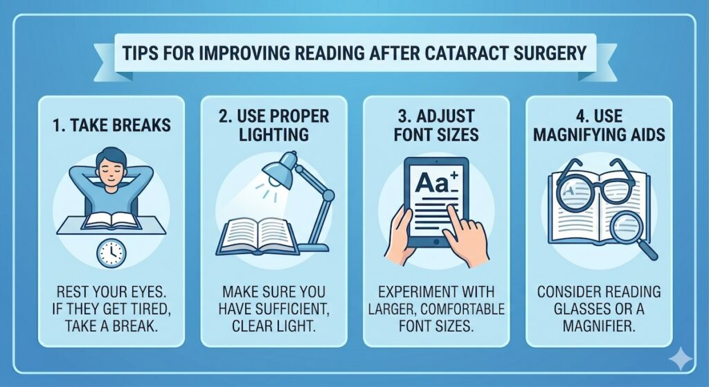 An infographic titled tips for improving reading after cataract surgery, including taking breaks, using proper lighting, adjusting font size, using magnifying aids.