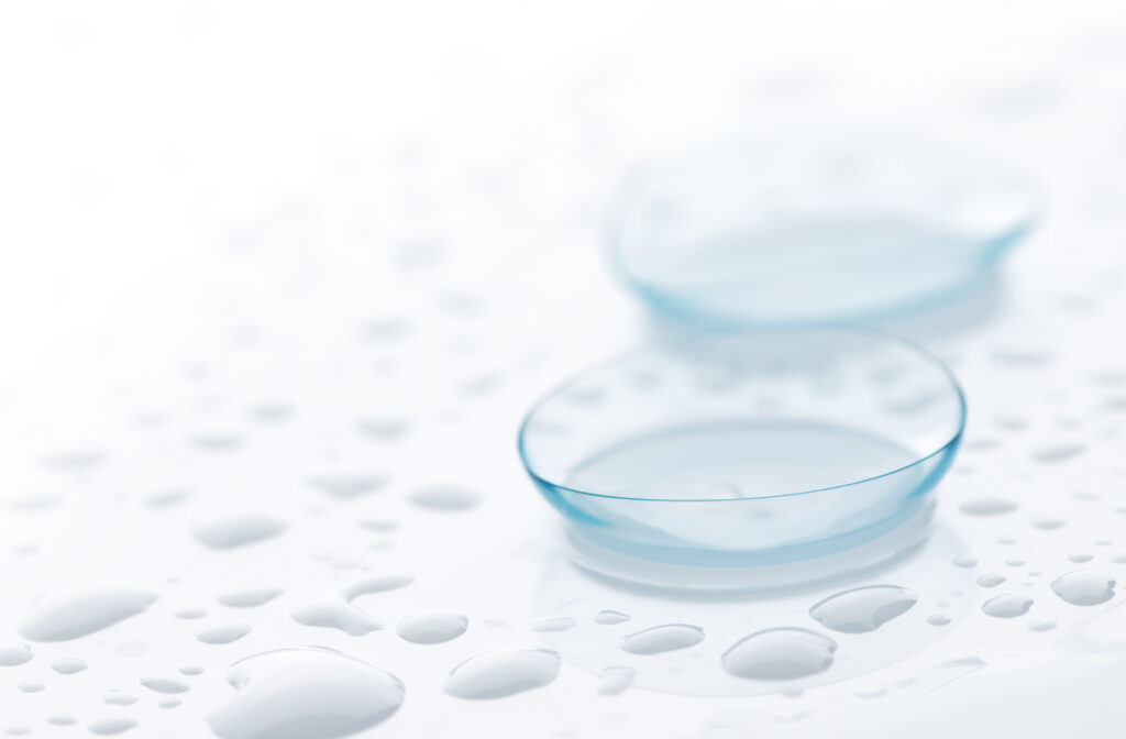 A pair of contact lenses drenched in cleaning solution.