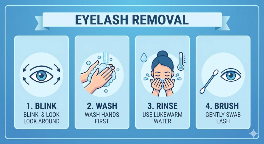 An infographic outlining how to safely remove an eyelash from your eye, including increasing blinking, washing hands and rinsing the eye with lukewarm water, and brushing it gently with a clean cotton swab.