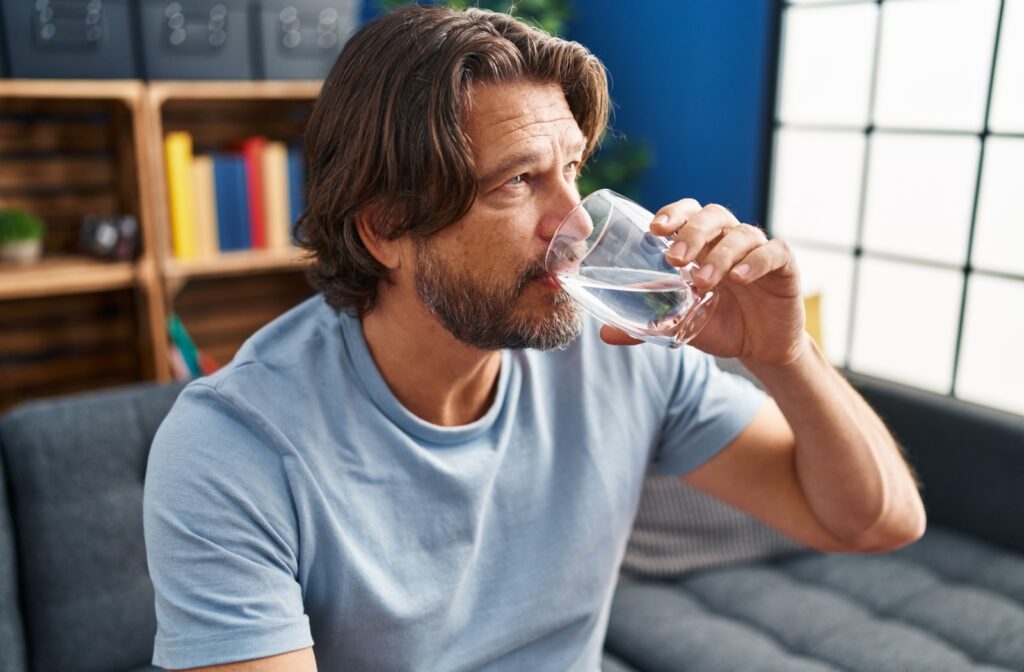 A man in a light blue shirt drinking water from a glass.