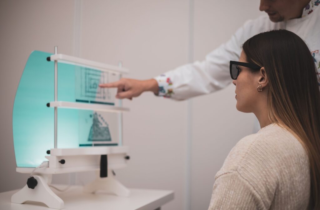 A young woman undergoes vision therapy.