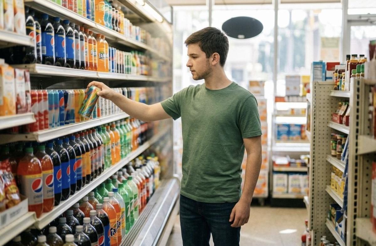 A person at the grocery store picking out a high in sugar soda.