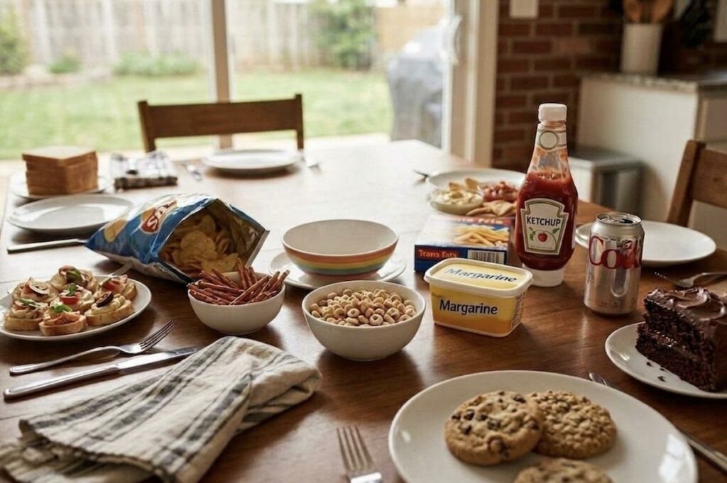 A table full of foods bad for eye health, including high in sodium and sugars.