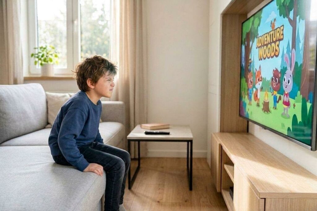 Child sitting on a sofa's edge in a living room, watching a TV showing the animated title screen "Adventure Woods."