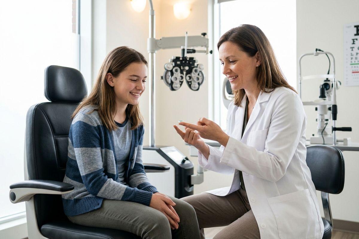 Optometrist showing a contact lens to a smiling child seated in an exam chair, with a phoropter and eye chart visible behind them.