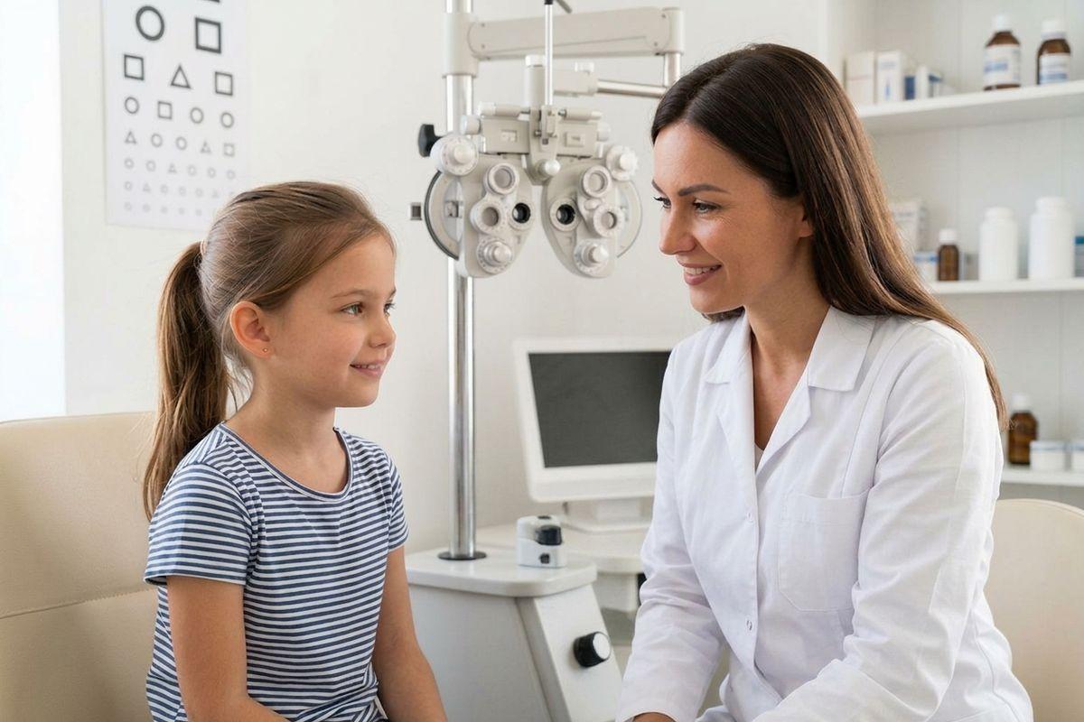 Child and smiling optometrist facing each other in an eye exam room with a phoropter and eye chart visible in the background.