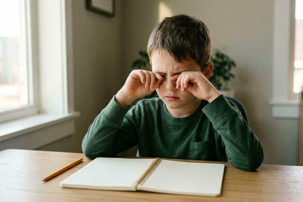 Child sitting at a desk rubbing both eyes with fists, an open notebook and pencil in front of them indoors.