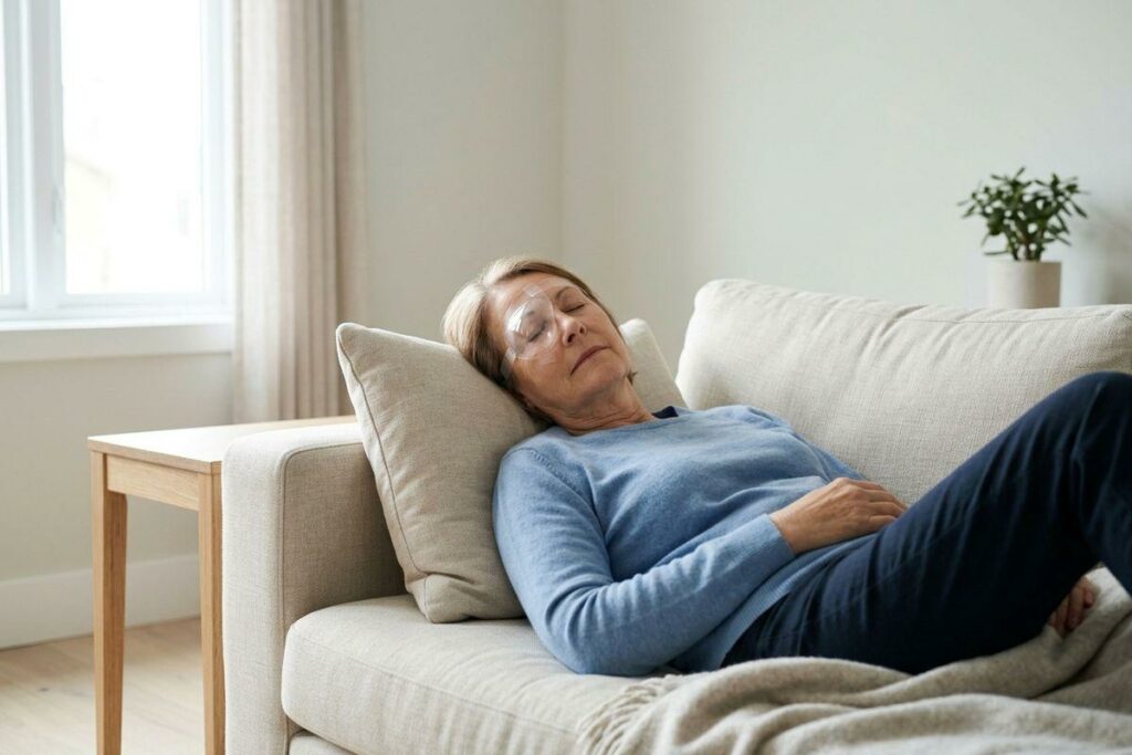 Older adult resting on a sofa with eyes closed, wearing a clear protective eye shield over one eye, in a bright living room.