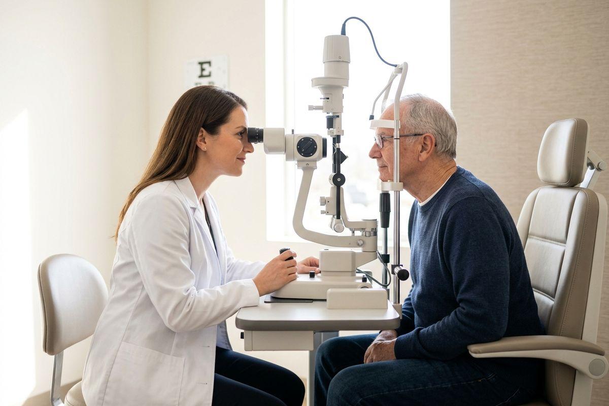 Optometrist using a slit lamp to examine an older adult's eyes in an eye exam room.