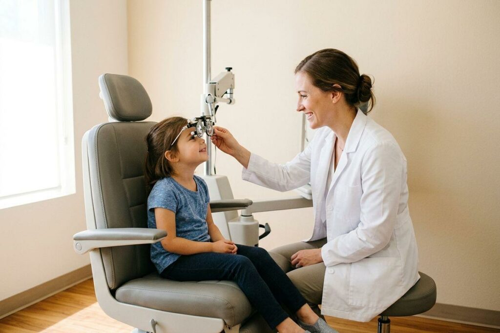 A smiling optometrist fitting a trial frame on a young child seated in an exam chair during an eye exam.