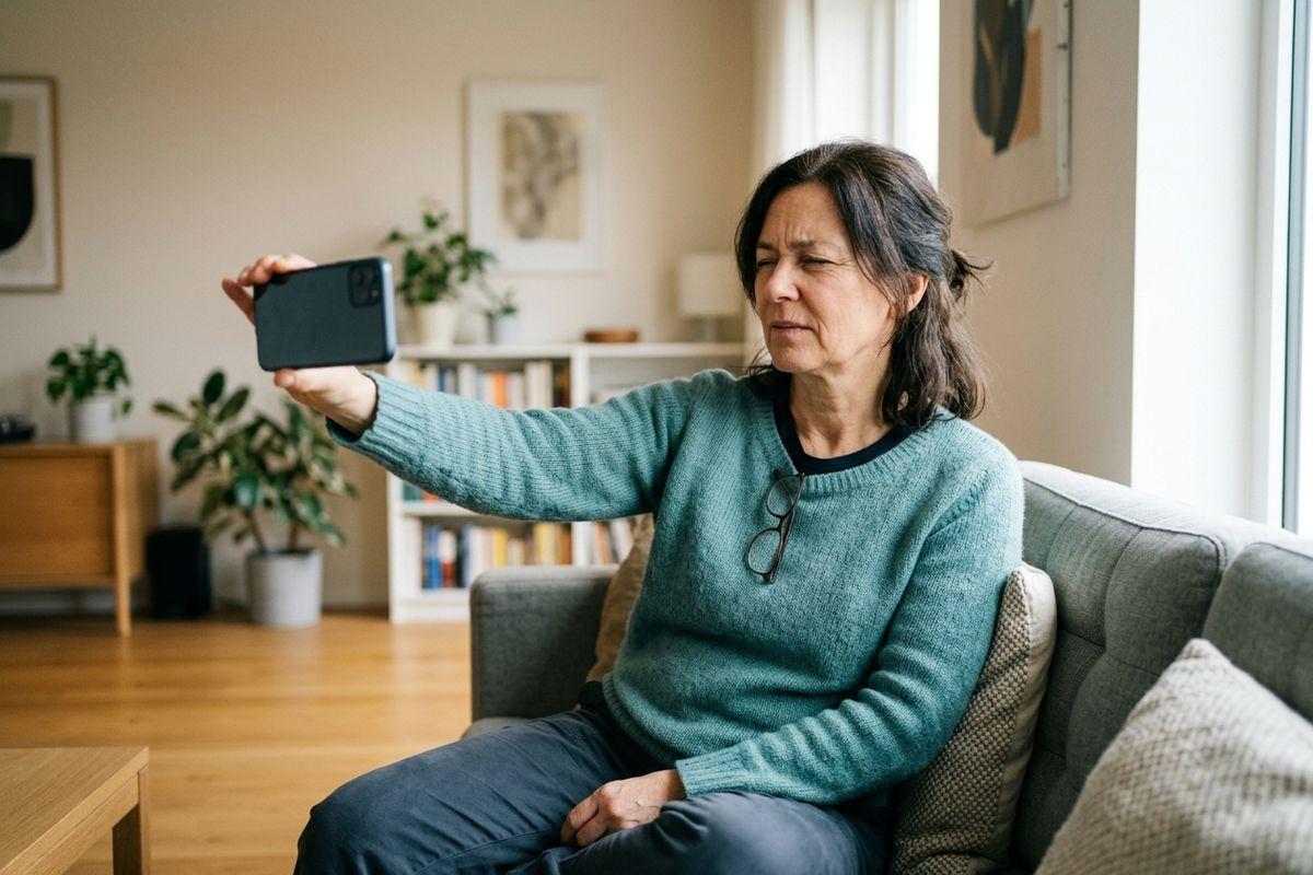 An adult sitting on a sofa holding a smartphone at arm's length, squinting at the screen, with glasses tucked into their sweater neckline.